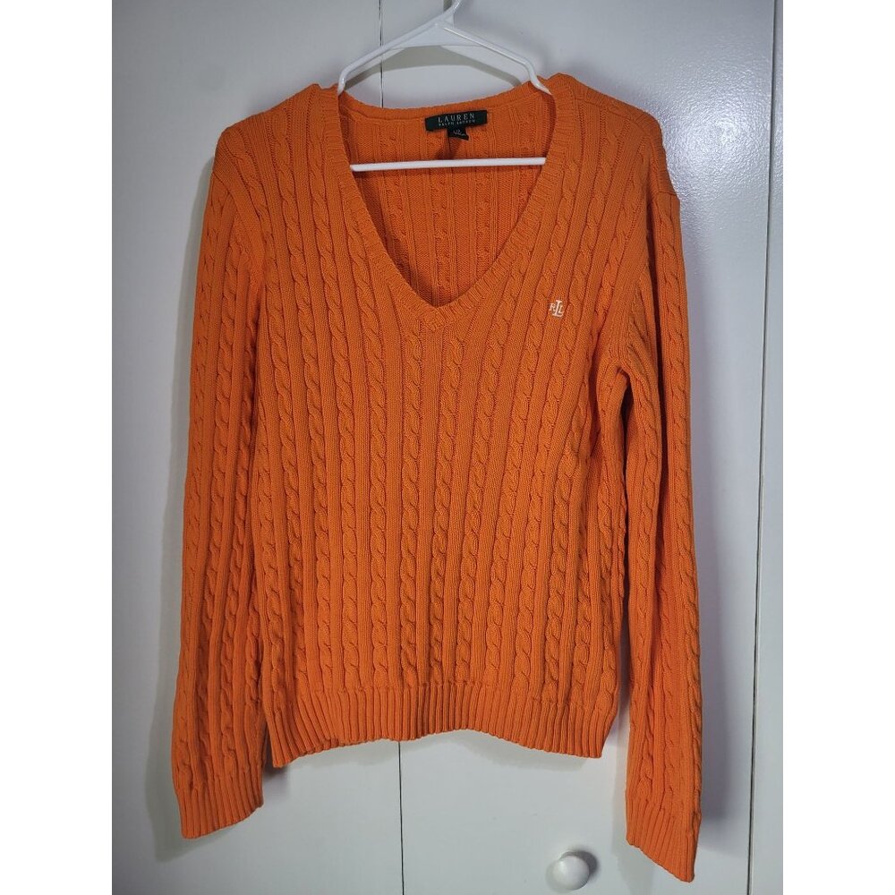 Lauren Ralph Lauren LG V Neck Cable Knit Sweater Tennis Preppy Academia Orange - Picture 2 of 6